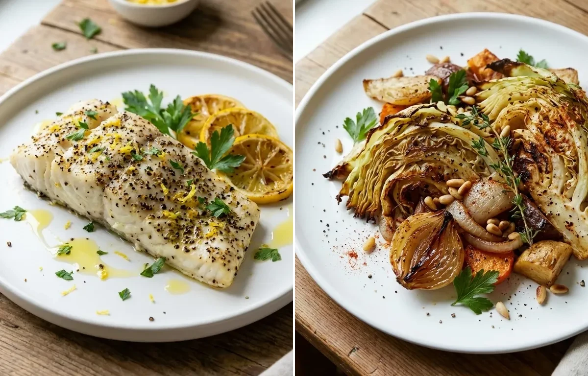 Lemon-Pepper Baked Cod with Sheet-Pan Cabbage and Onions