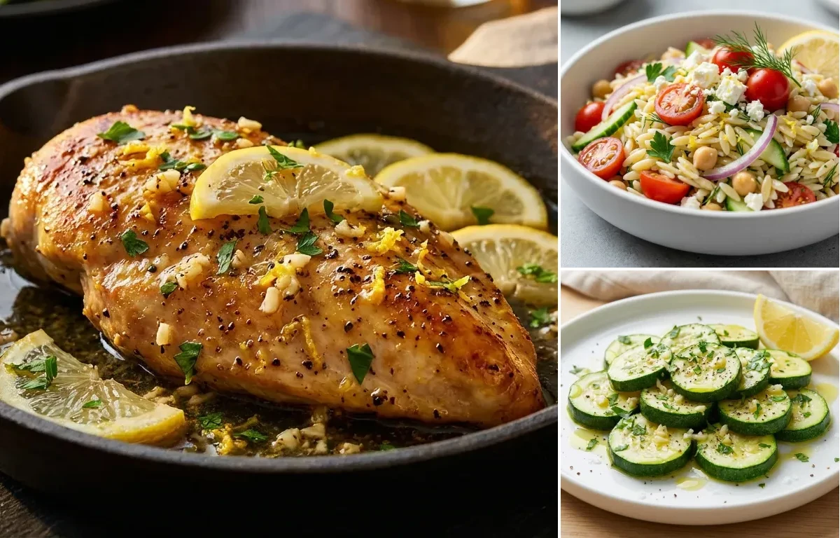 Lemon Pepper Chicken with Lemon Herb Orzo Salad and Steamed Zucchini