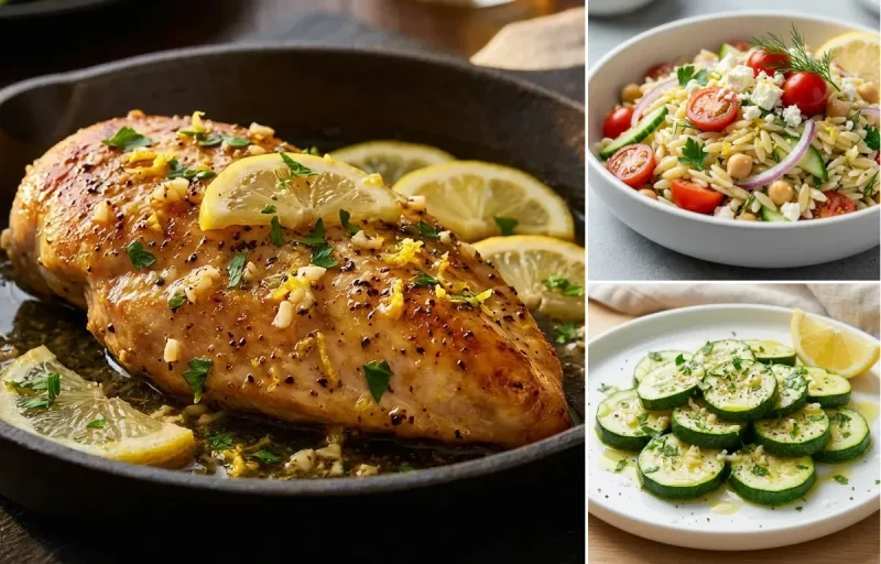 Lemon Pepper Chicken with Lemon Herb Orzo Salad and Steamed Zucchini