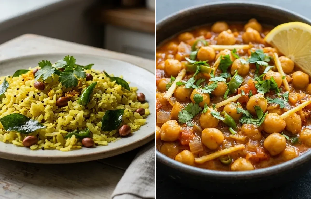 Lemon Poha with Spiced Chickpeas
