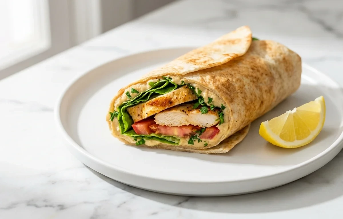 Lemon Quinoa Pilaf with Chicken Hummus Wrap