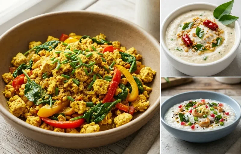 Lemon Quinoa Pilaf with Tofu Scramble, Coconut Chutney and Curd Rice Snack Bowl