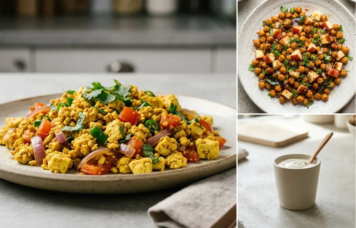 Lemon Quinoa Pilaf with Vegan Tofu Bhurji, Mint Coriander Chutney No-Salt, Roasted Chana With Apple and Plain Yogurt Cup