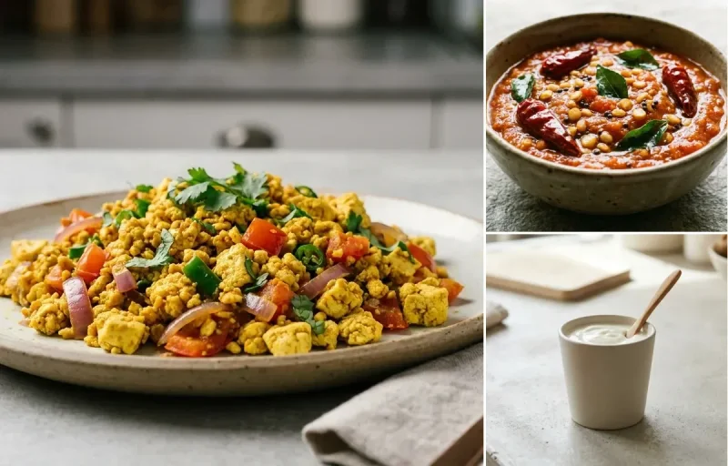 Lemon Quinoa Pilaf with Vegan Tofu Bhurji, Tomato Chutney, Cucumber Chaat and Plain Yogurt Cup