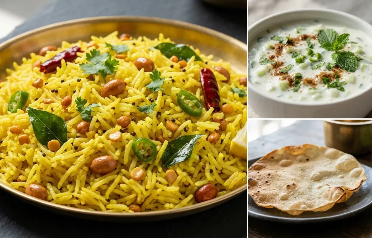 Lemon Rice, Cucumber Raita and Sutta Appalam