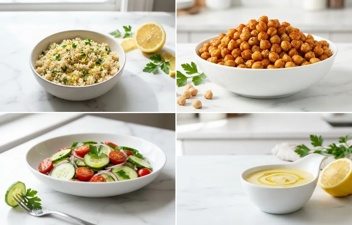 Lemony Quinoa Base, Spiced Roasted Chickpeas, Cucumber and Tomato Salad and Lemon Tahini Dressing
