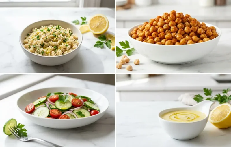 Lemony Quinoa Base, Spiced Roasted Chickpeas, Cucumber and Tomato Salad and Lemon Tahini Dressing