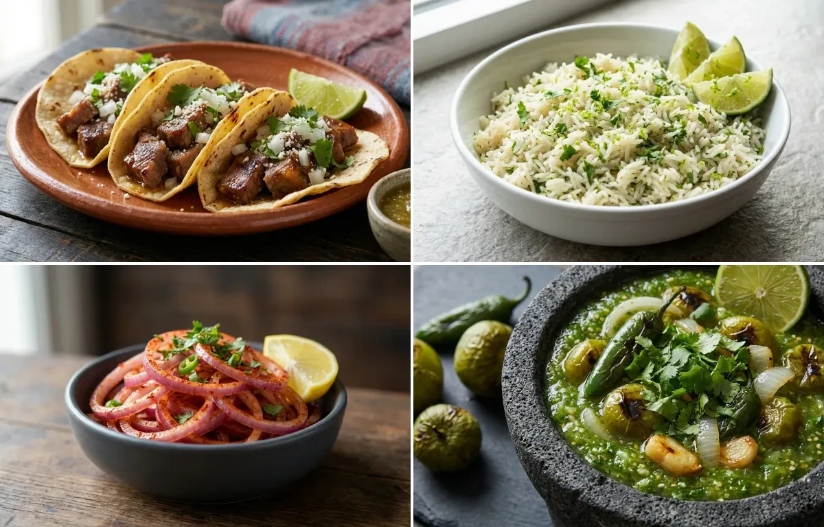 Lengua Tacos with Cilantro Lime Rice, Lachha Pyaaz and Roasted Salsa Verde