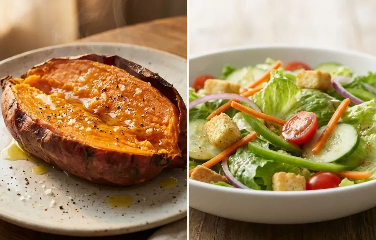 Lentil and Vegetable Casserole with Baked Sweet Potato and Garden Salad