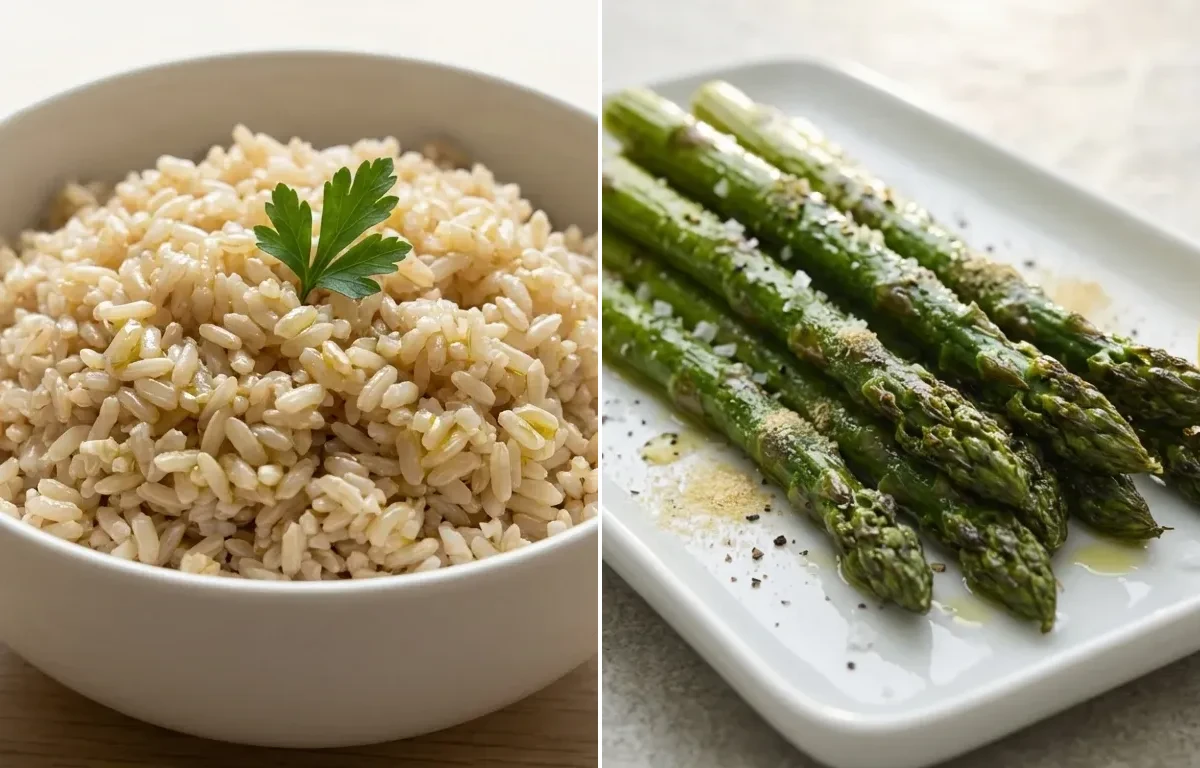 Baked Lentil Casserole with Steamed Brown Rice and Roasted Asparagus