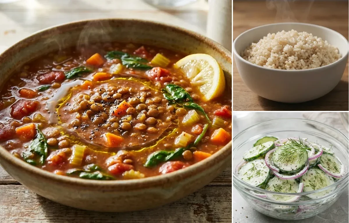 Lentil Soup with Brown Rice and Cucumber Salad