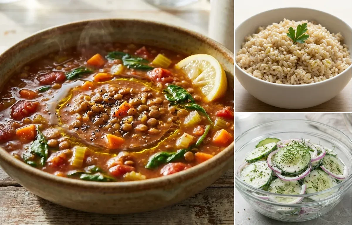Lentil Soup with Steamed Brown Rice and Cucumber Salad