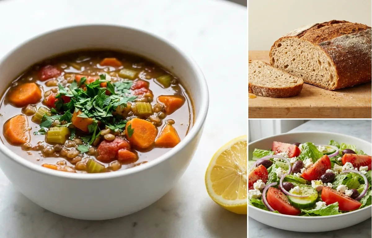 Lentil Soup with Whole Grain Bread with Greek Salad Prediabetes Low GL
