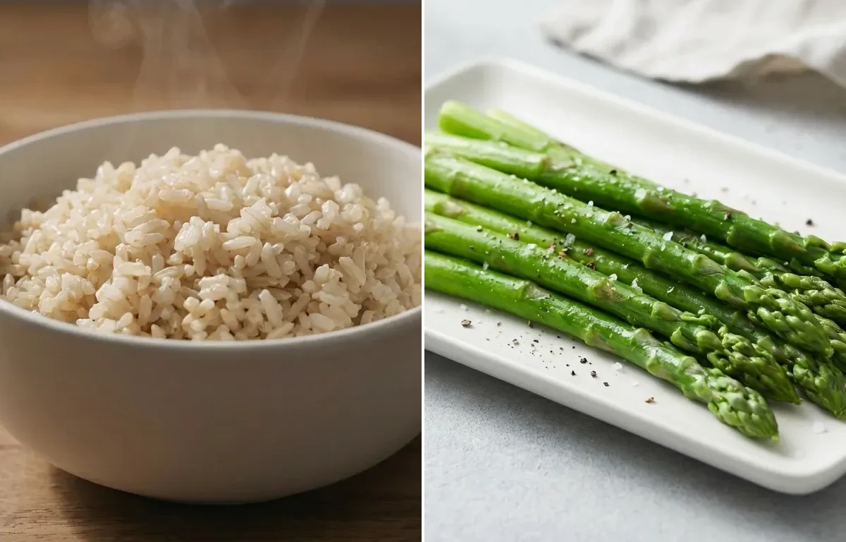 Lentil Stir-fry with Brown Rice and Steamed Asparagus