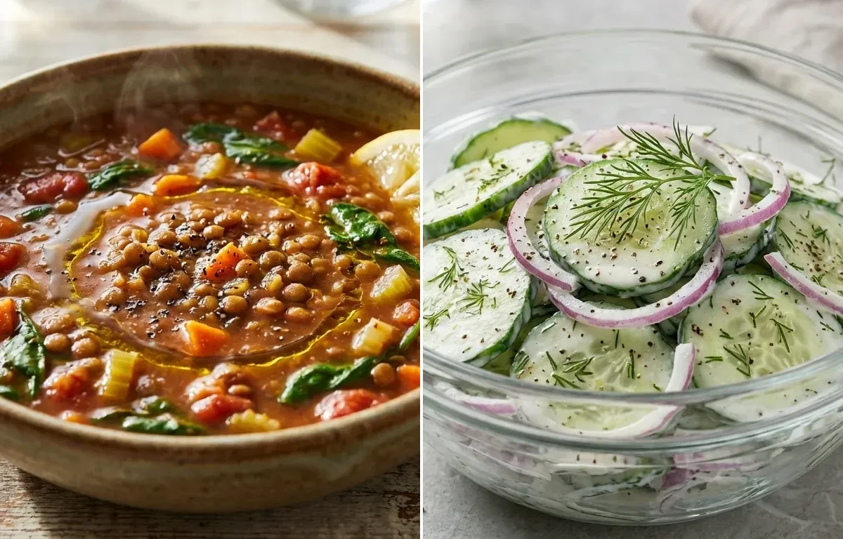 Lentil Soup with Whole Wheat Roll and Cucumber Salad
