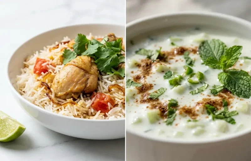 Light Chicken Biryani with Cucumber Raita