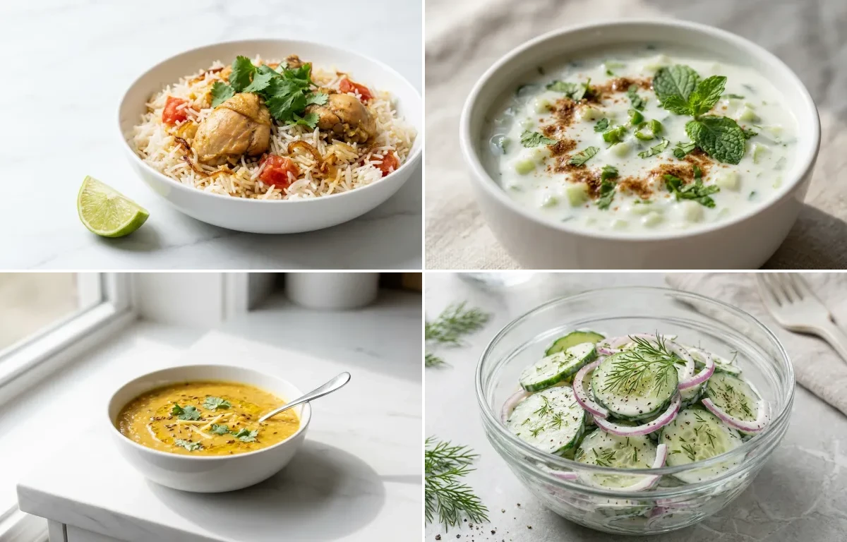 Light Chicken Biryani with Cucumber Raita with Toor Dal with Cucumber Salad