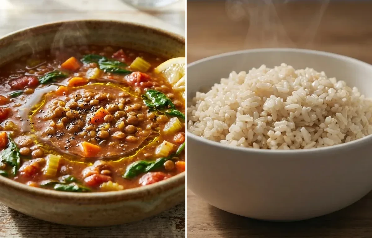 Lentil Soup with Simple Onion Salad and Brown Rice