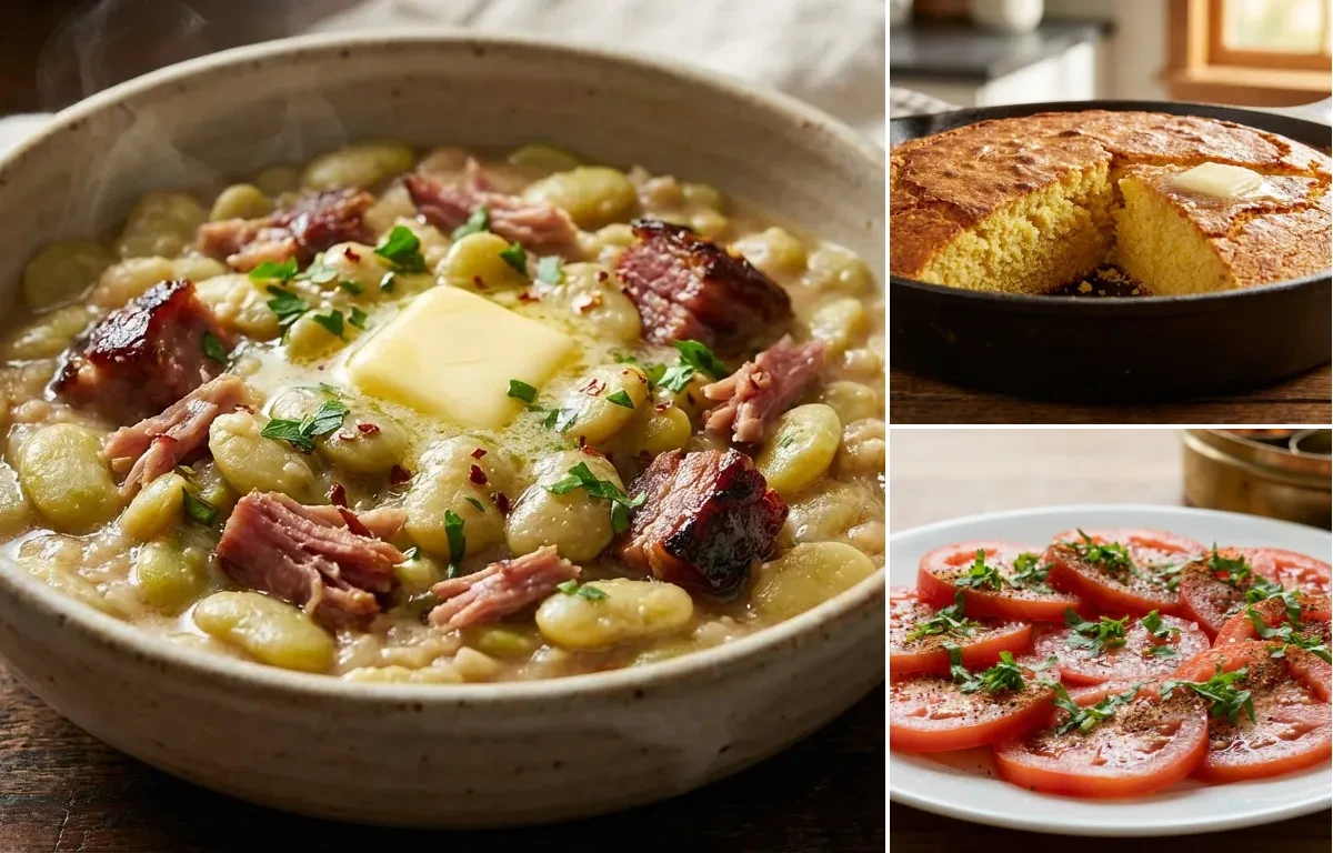 Lima Beans with Ham with Cornbread and Sliced Tomatoes