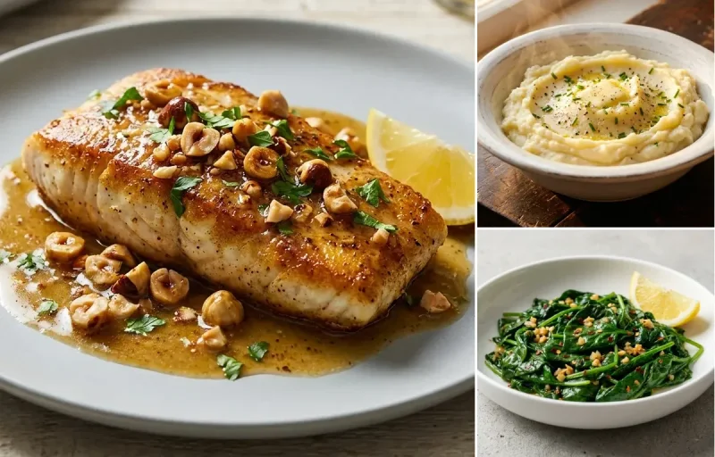 Lingcod with Hazelnut Brown Butter Sauce with Mashed Potatoes and Sauteed Spinach with Garlic