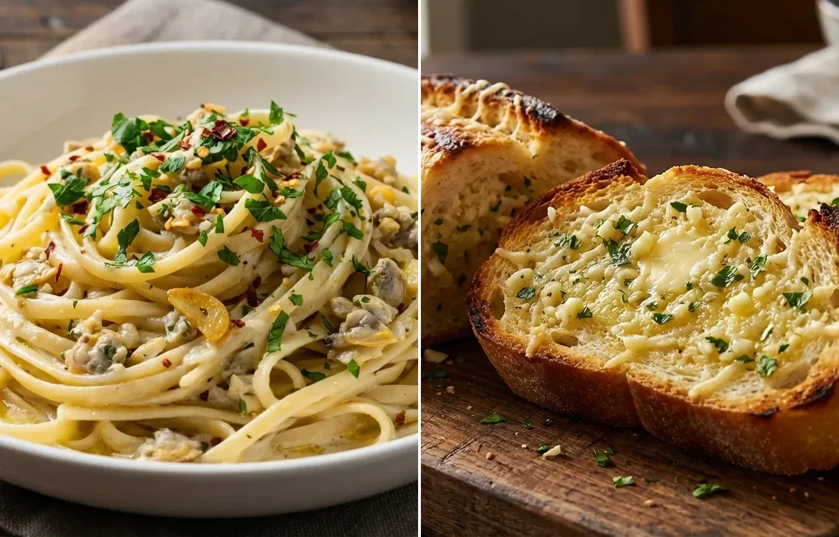 Linguine with Clam Sauce with Garlic Bread