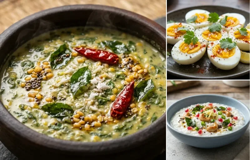 Little Millet Idli with Keerai Kootu, Coriander Coconut Chutney, Boiled Egg and Curd Rice Snack Bowl