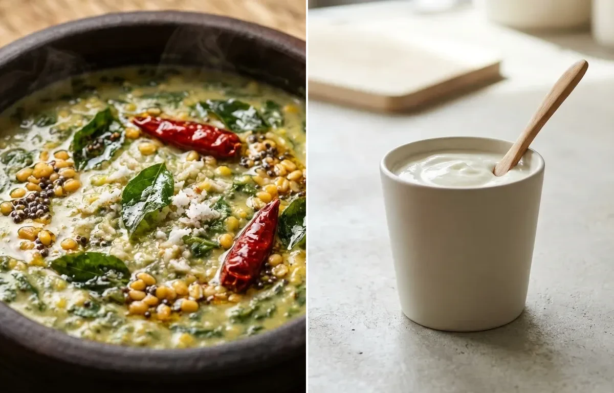 Little Millet Idli with Keerai Kootu, Tomato Garlic Chutney and Plain Yogurt Cup