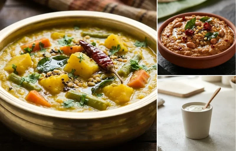 Little Millet Idli with Vegetable Kootu, Peanut Chutney and Plain Yogurt Cup