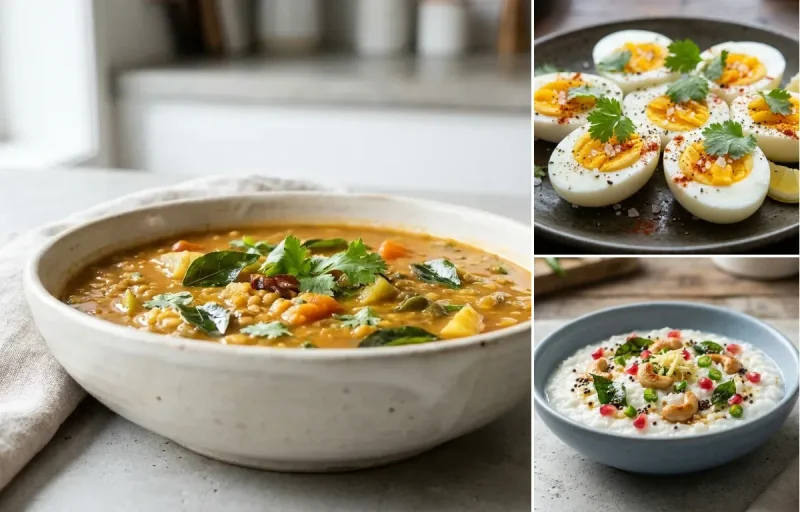 Little Millet Idli with Vegetable Sambar, Coriander Coconut Chutney, Boiled Egg and Curd Rice Snack Bowl