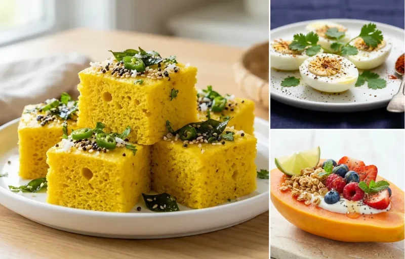Live Khaman with Mint-Coriander Green Chutney with Boiled Egg Whites with Chaas with Papaya Boat