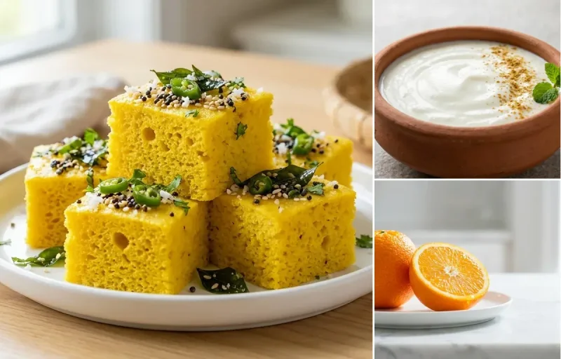 Live Khaman with Mint-Coriander Green Chutney with Dahi with Orange