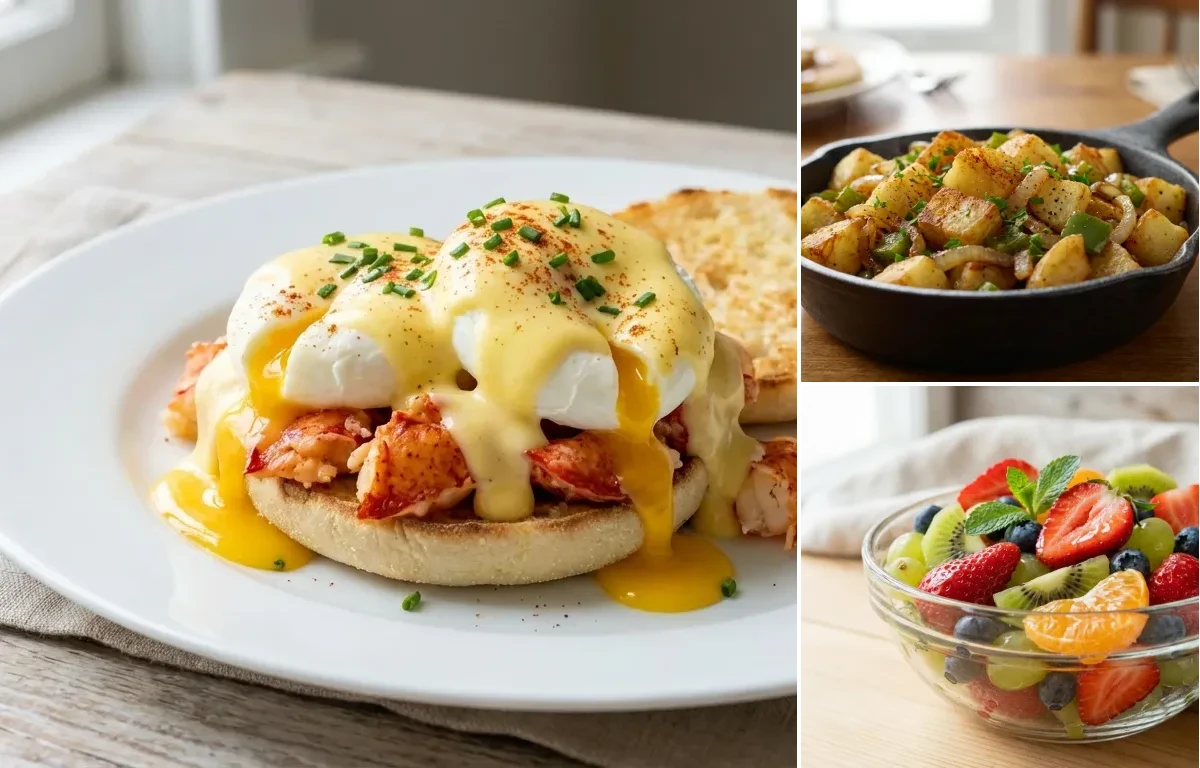 Lobster Benedict with Home Fries and Fruit Salad