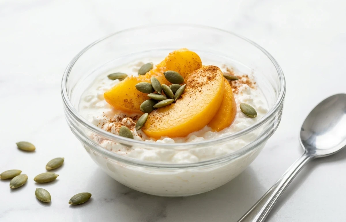 Low Fat Cottage Cheese with Peach and Pumpkin Seeds