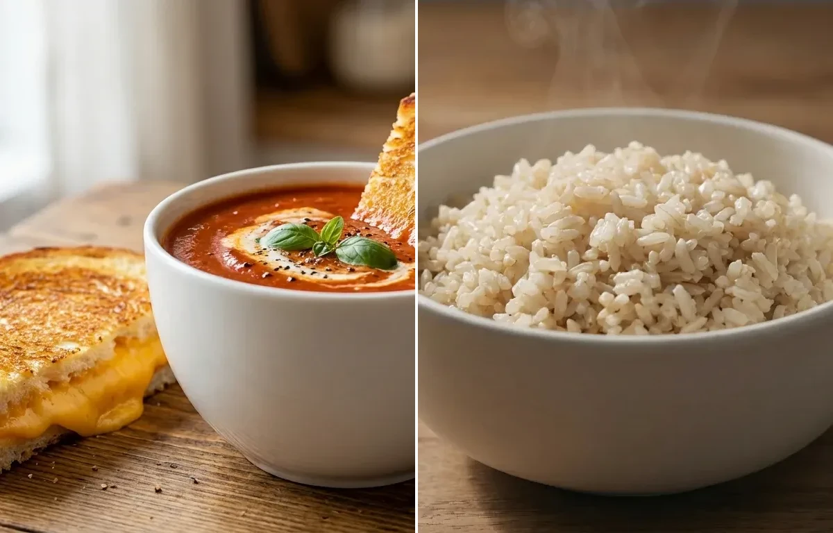 Grilled Cheese and Tomato Soup with Mixed Greens Salad with Vinaigrette and Brown Rice
