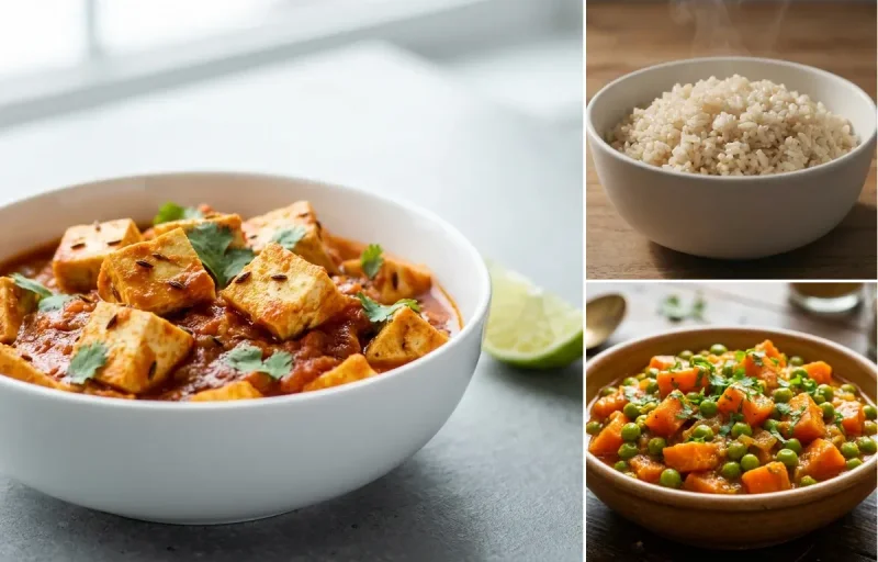 Firm Tofu Curry with Steamed White Rice with Gajar Matar Sabzi