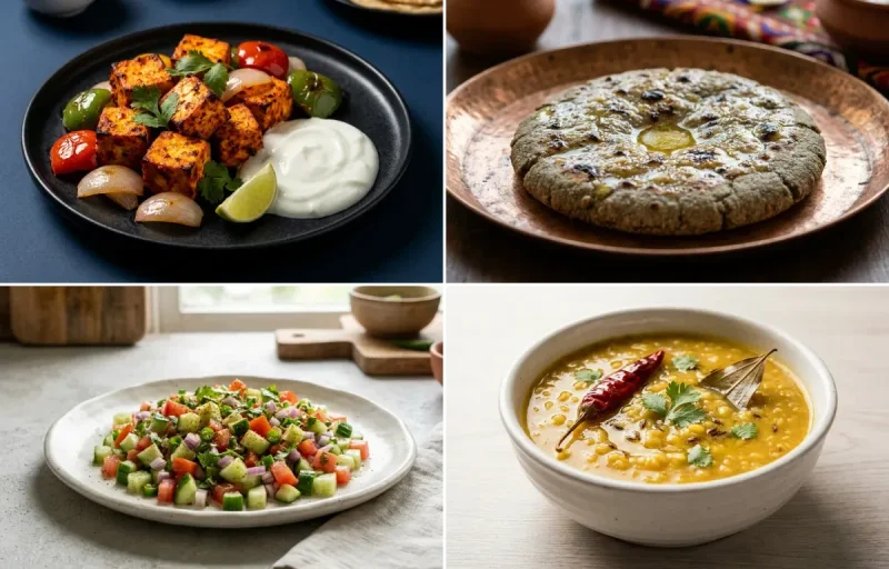 Tandoori Paneer with Bajra Roti with Kachumber Salad with Moong Dal