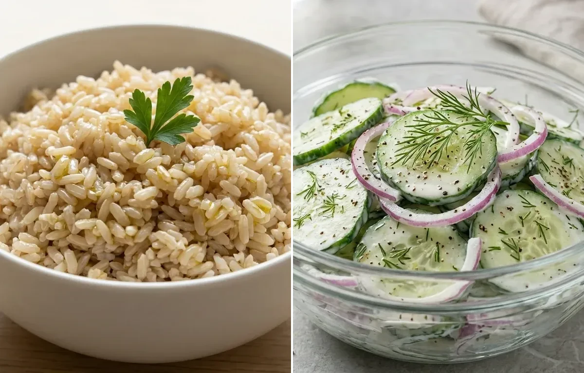 Black Bean Curry with Steamed Brown Rice and Cucumber Salad