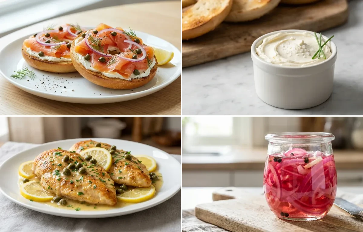 Lox and Bagel with Cream Cheese, Chicken Piccata and Pickled Red Onions