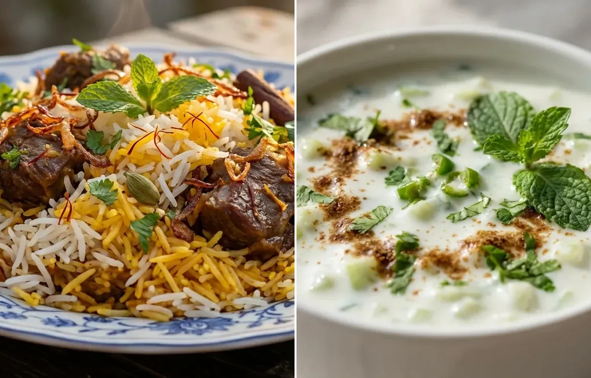 Lucknowi Mutton Biryani with Cucumber Raita