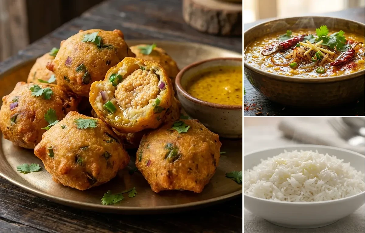 Macher Dimer Bora with Dal Tadka and Steamed Basmati Rice