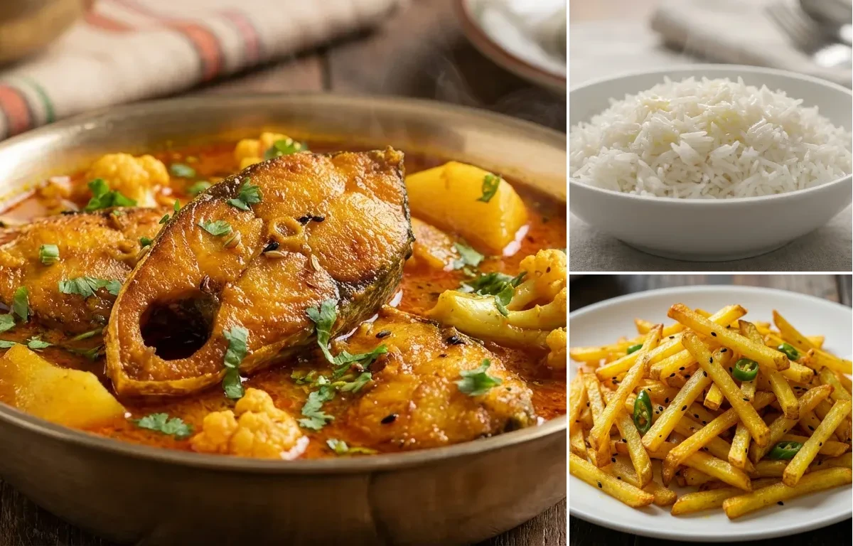 Macher Jhol with Steamed Basmati Rice and Aloo Bhaja