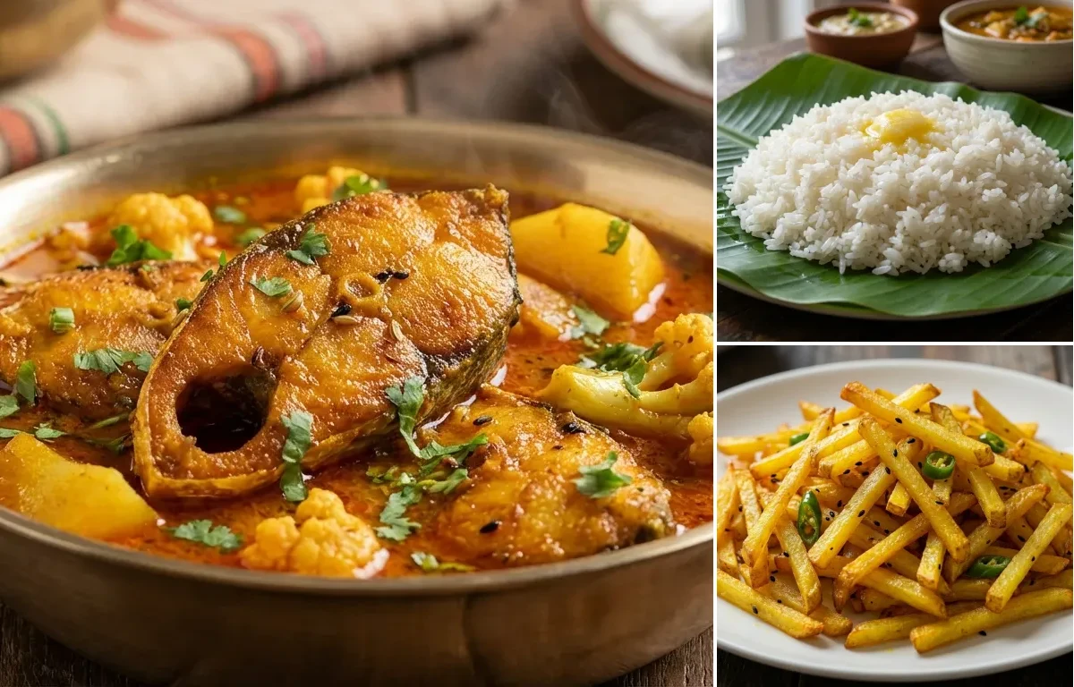 Macher Jhol, Steamed Rice and Aloo Bhaja