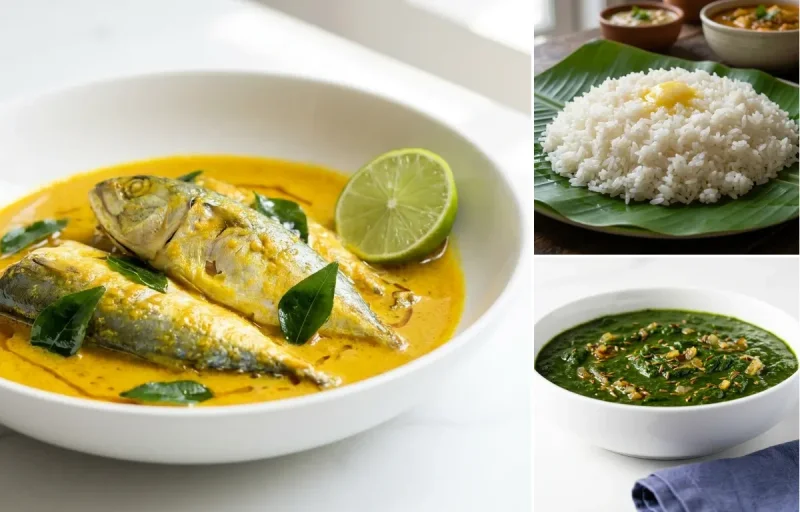 Mackerel Fish Curry with Steamed White Rice with Jeera Palak