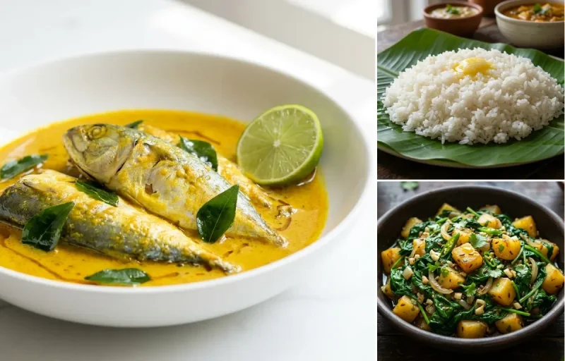 Mackerel Fish Curry with Steamed White Rice with Paleng Xaak Bhaji
