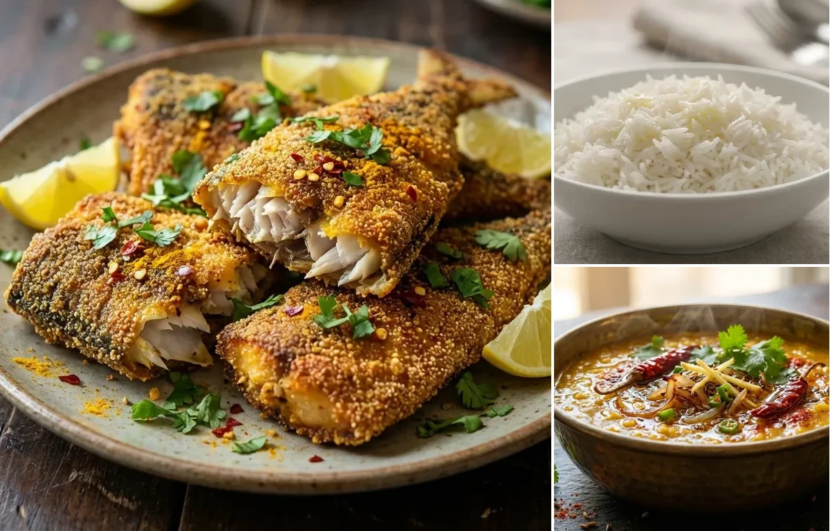 Mackerel Rava Fry with Steamed Basmati Rice and Dal Tadka