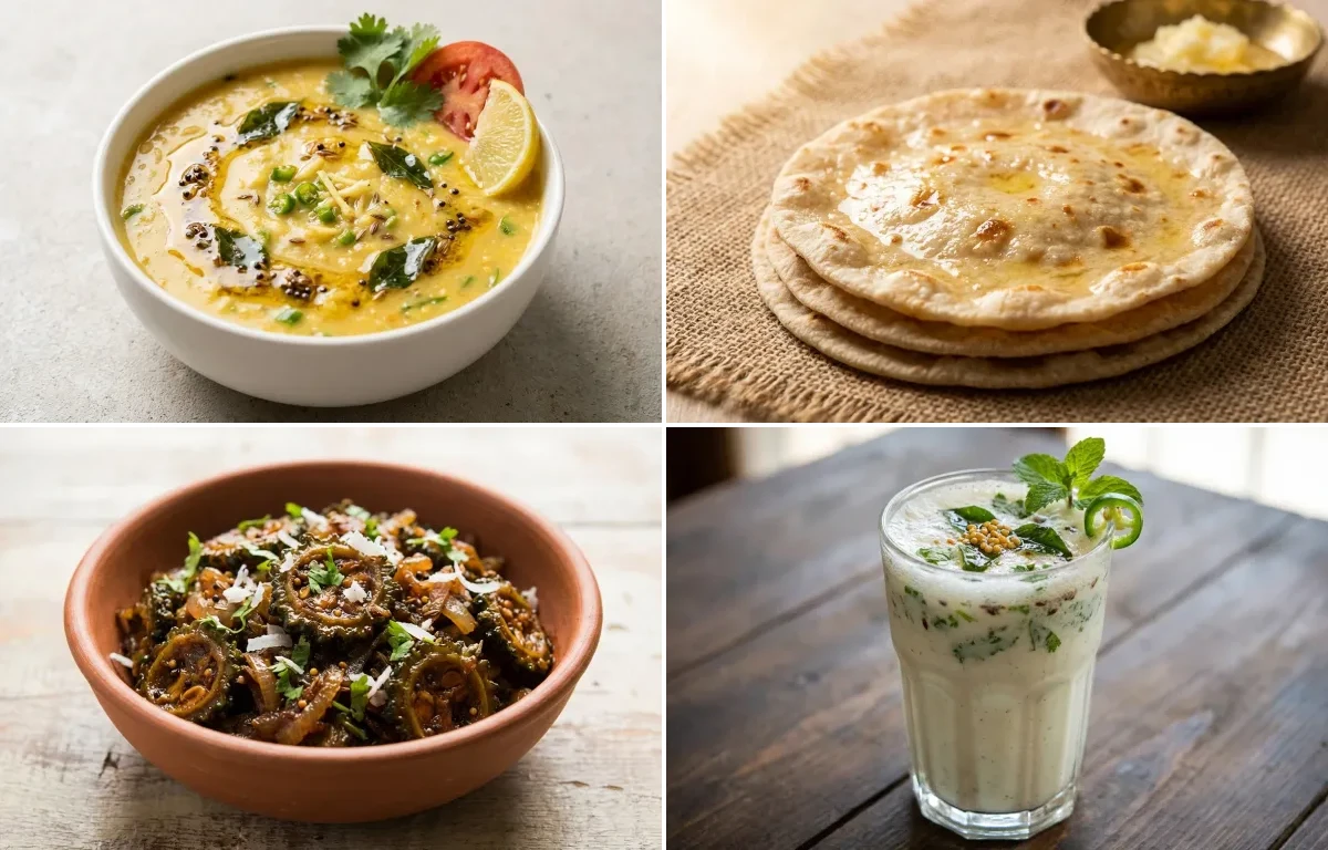 Mag ni Dal with Rotli, Karela nu Shaak and Masala Chaas