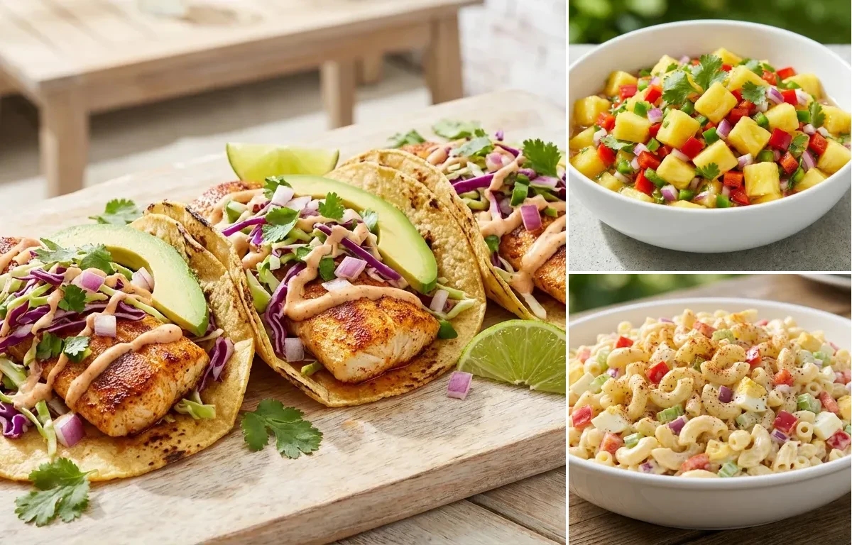 Mahi-Mahi Fish Tacos with Pineapple Salsa and Macaroni Salad