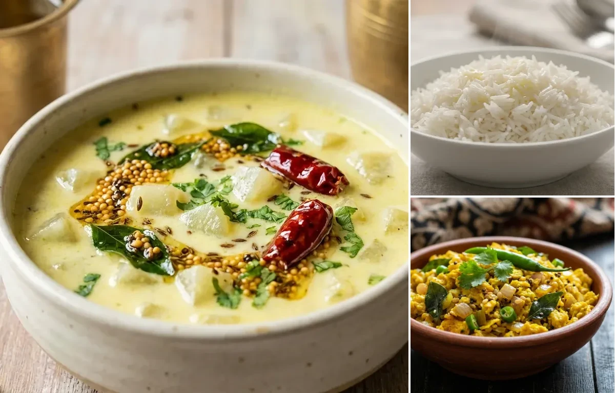 Majjiga Pulusu with Steamed Basmati Rice and Kodi Guddu Porutu