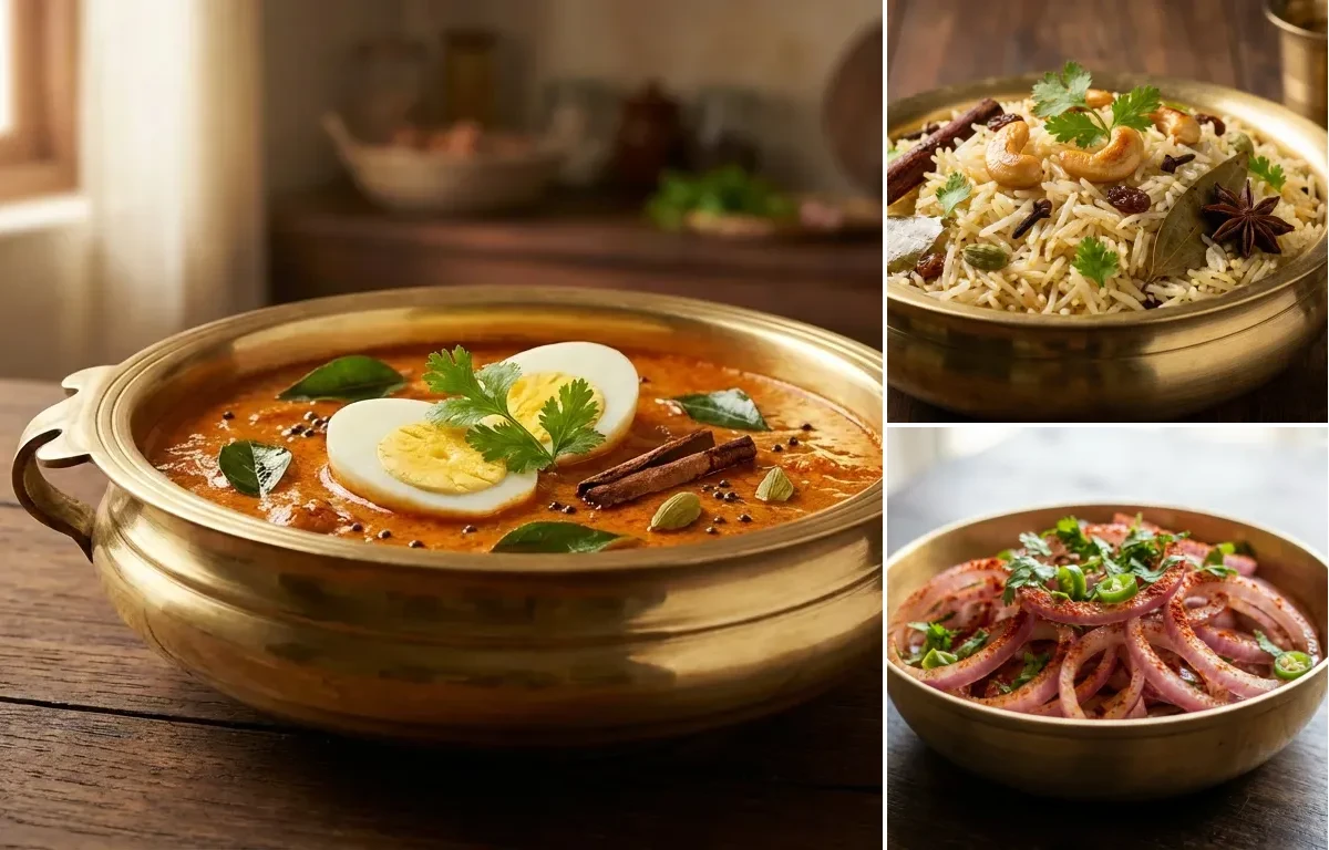 Malabar Egg Curry with Ghee Rice and Onion Salad
