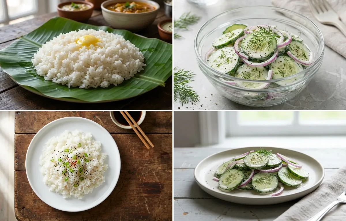 Malabar Fish Curry with Steamed Rice and Cucumber Salad